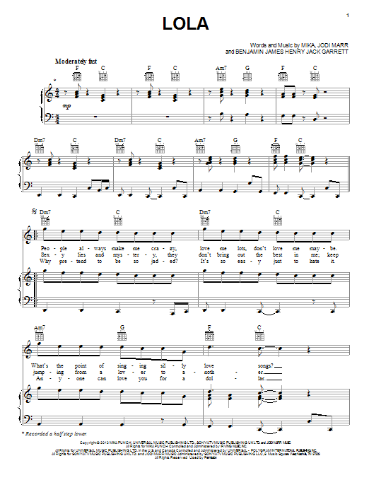 Mika Lola sheet music notes and chords. Download Printable PDF.