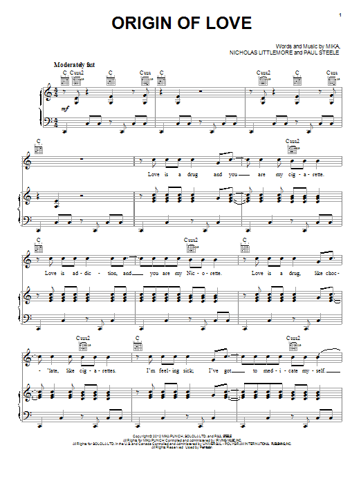 Mika Origin Of Love sheet music notes and chords. Download Printable PDF.