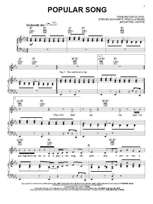 Mika Popular Song sheet music notes and chords. Download Printable PDF.
