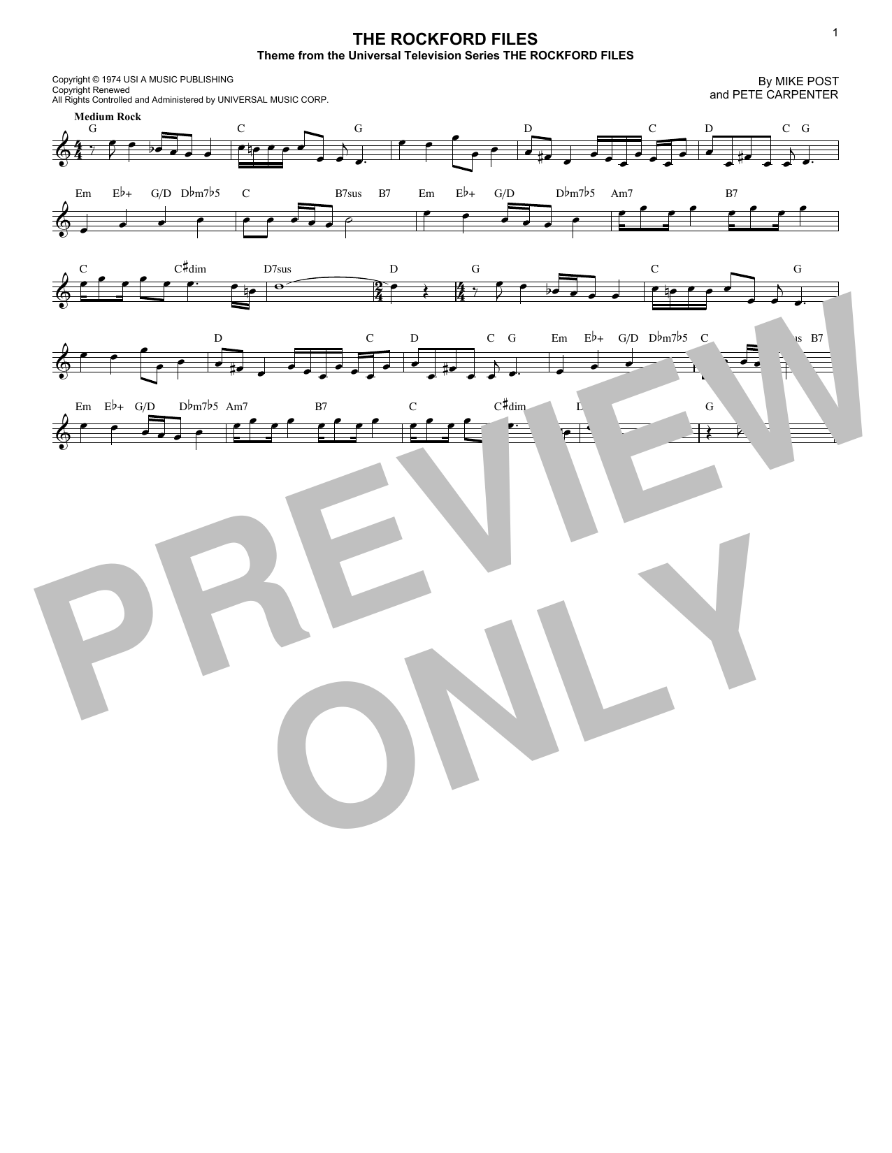 Mike Post The Rockford Files sheet music notes and chords. Download Printable PDF.