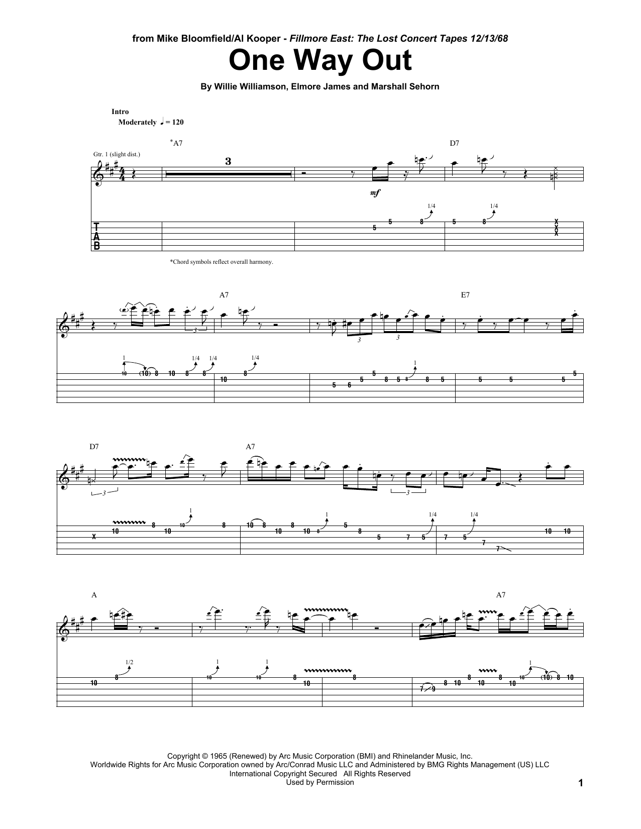 Mike Bloomfield One Way Out sheet music notes and chords. Download Printable PDF.