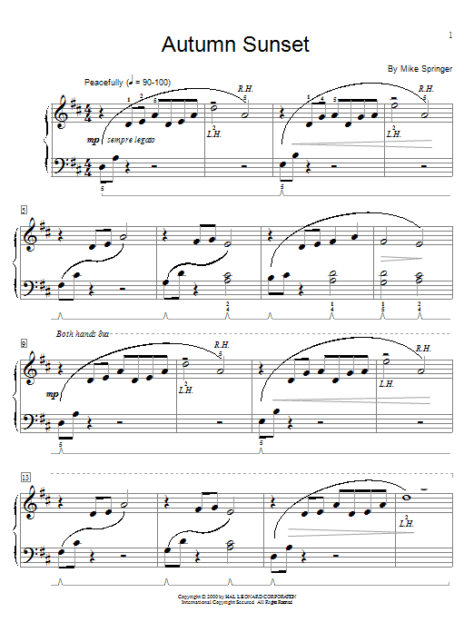 Learn to play Mike Springer Autumn Sunset sheet music for Educational Piano in minutes. Price: 6.9900$ Mike Springer Autumn Sunset sheet music notes and chords arranged for Educational Piano