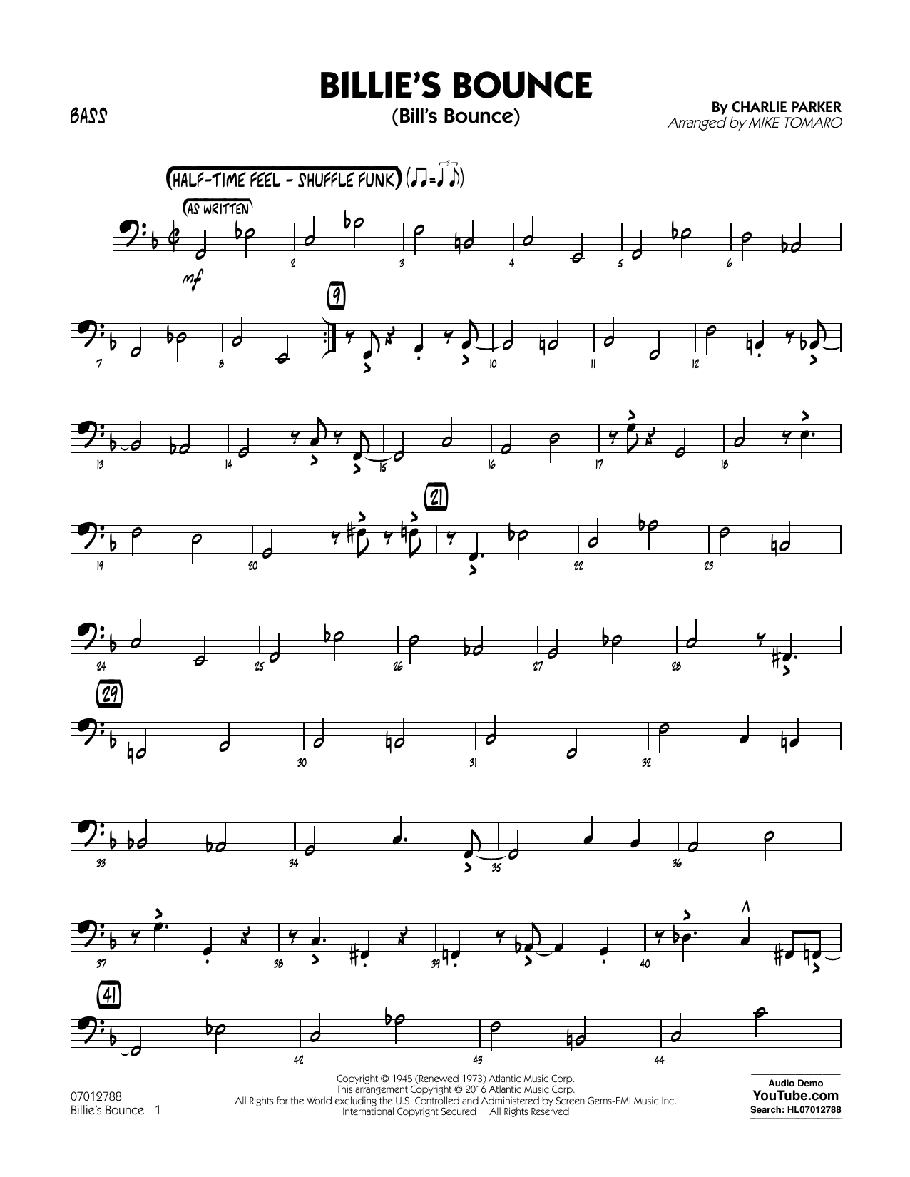 Mike Tomaro Billie S Bounce Bass Sheet Music Pdf Notes Chords Jazz Score Jazz Ensemble Download Printable Sku 356741