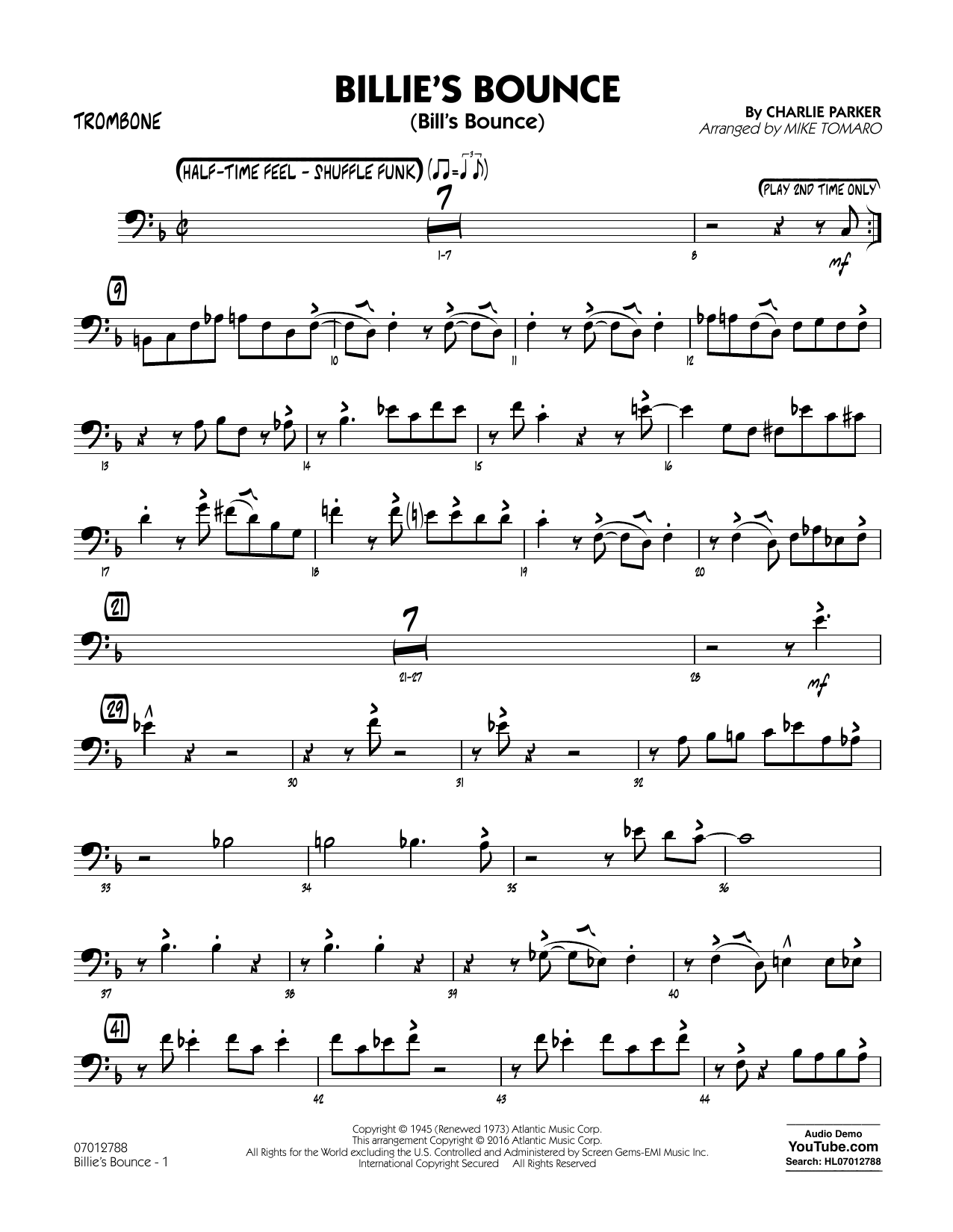 Mike Tomaro "Billie's Bounce Trombone" Sheet Music PDF Notes, Chords