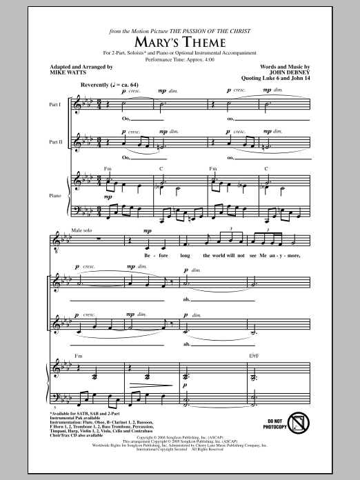 John Debney Mary's Theme (arr. Mike Watts) sheet music notes and chords. Download Printable PDF.