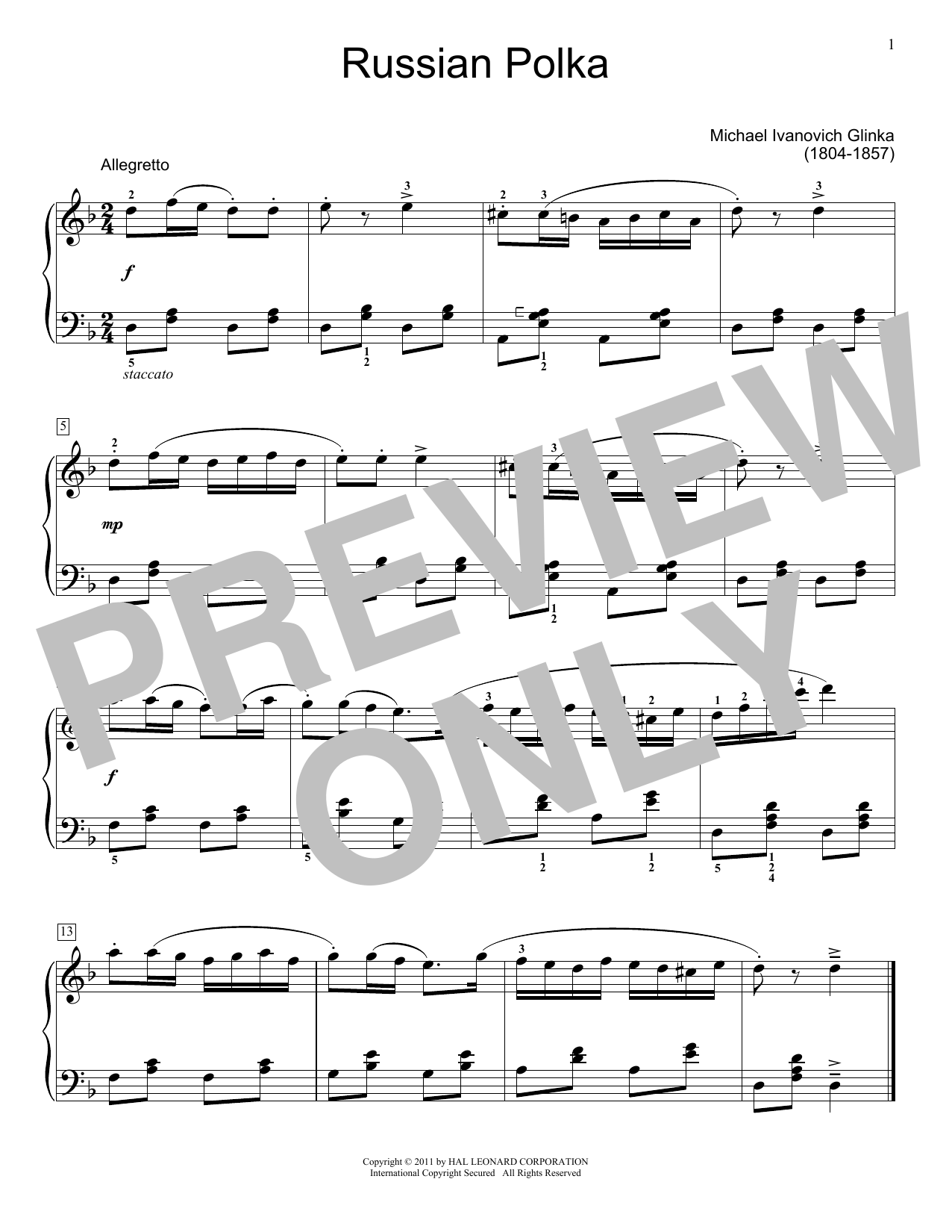 Mikhail Glinka Russian Polka sheet music notes and chords. Download Printable PDF.