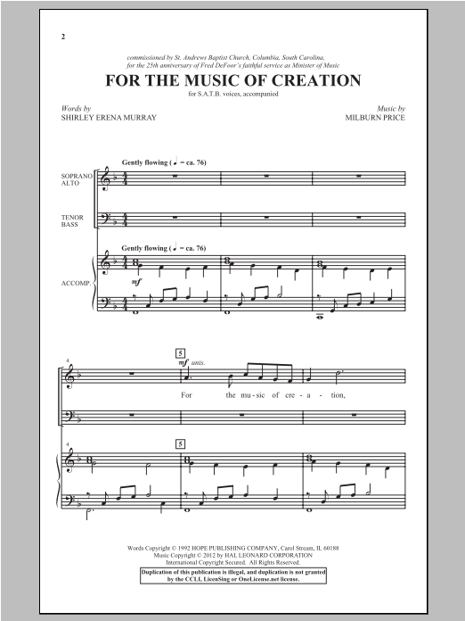Learn to play Milburn Price For The Music Of Creation sheet music for SATB Choir in minutes. Price: 3.9900$ Milburn Price For The Music Of Creation sheet music notes and chords arranged for SATB Choir