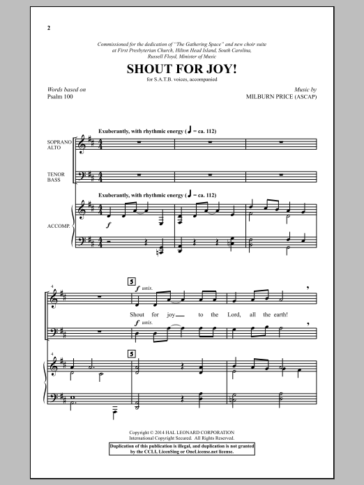 Learn to play Milburn Price Shout For Joy! sheet music for SATB Choir in minutes. Price: 3.9900$ Milburn Price Shout For Joy! sheet music notes and chords arranged for SATB Choir