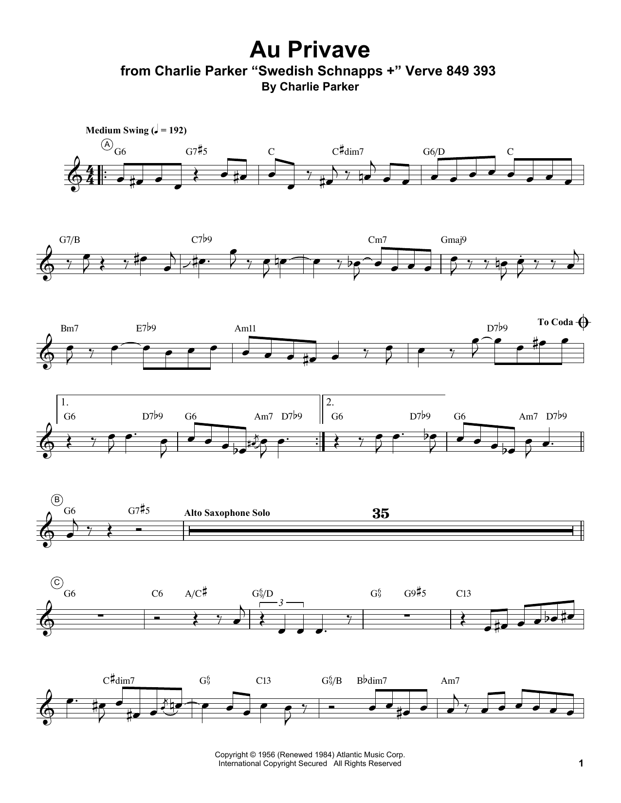 Miles Davis Au Privave sheet music notes and chords. Download Printable PDF.