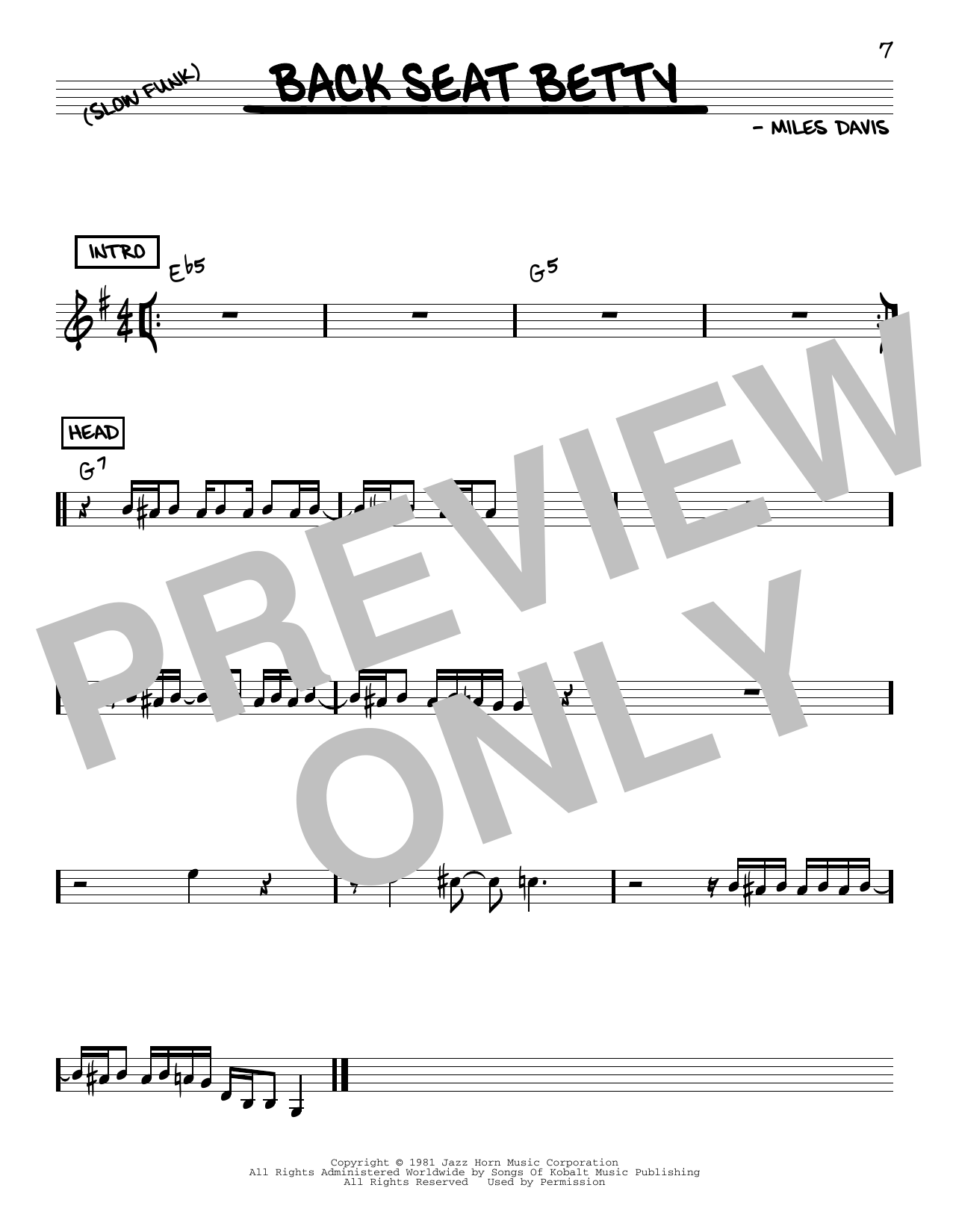 Miles Davis Back Seat Betty sheet music notes and chords. Download Printable PDF.