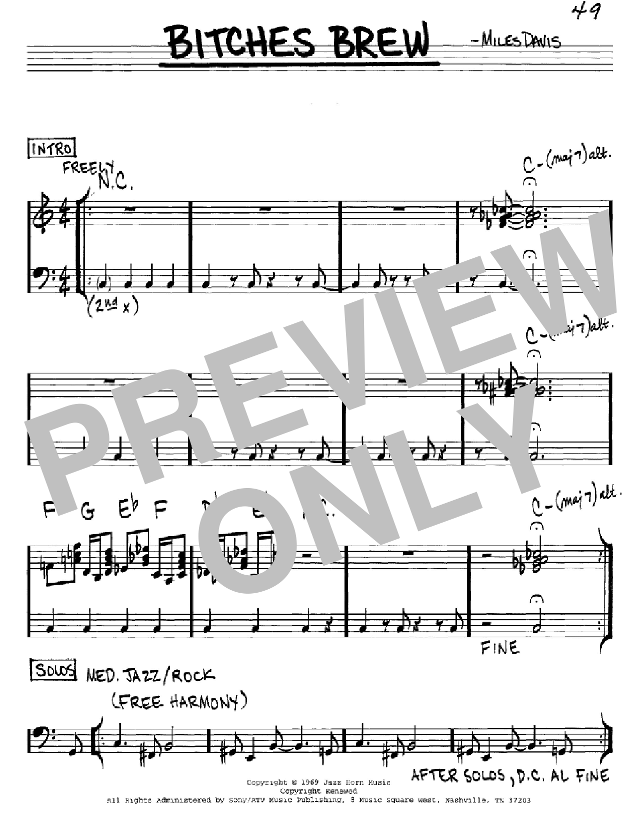 Miles Davis Bitches Brew sheet music notes and chords. Download Printable PDF.