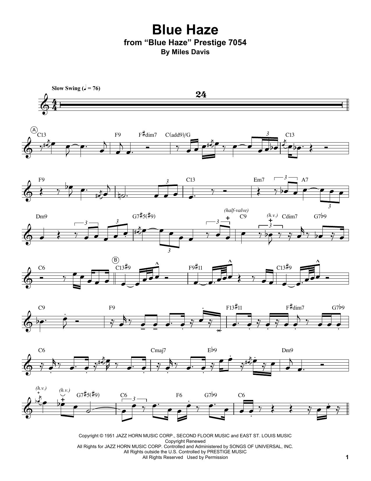 Miles Davis Blue Haze sheet music notes and chords. Download Printable PDF.