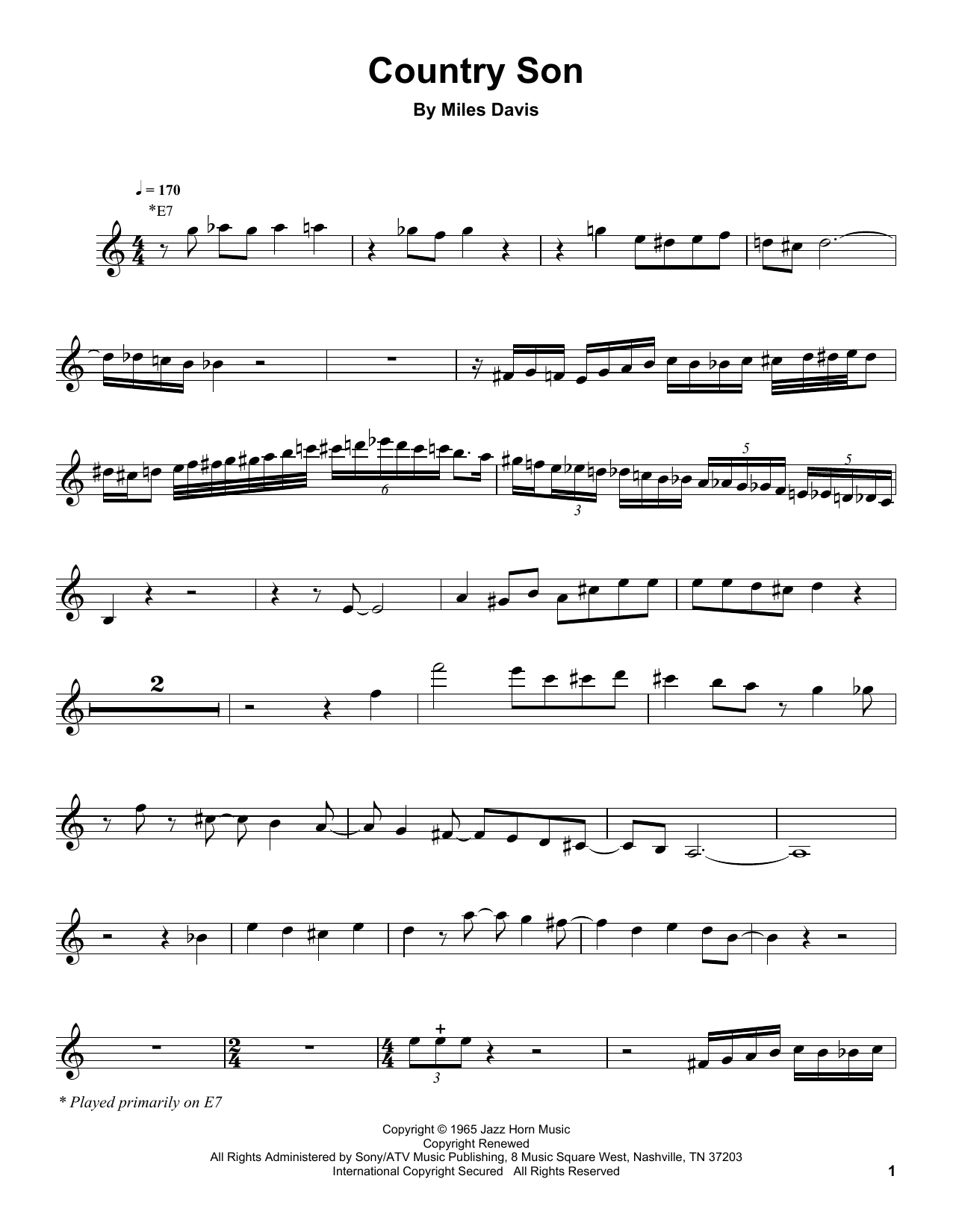 Miles Davis Country Son sheet music notes and chords. Download Printable PDF.