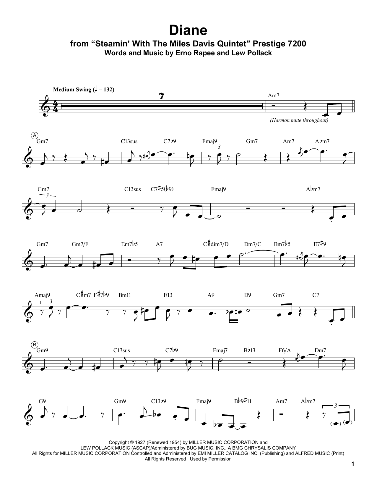 Miles Davis Diane sheet music notes and chords. Download Printable PDF.