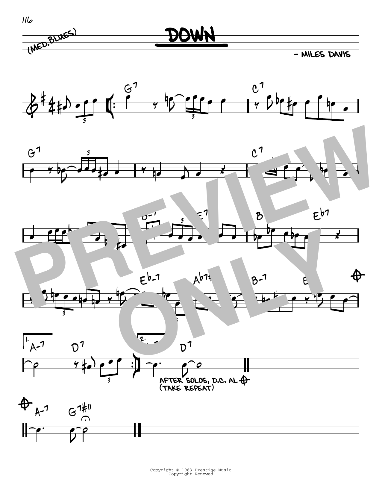 Miles Davis Down sheet music notes and chords. Download Printable PDF.