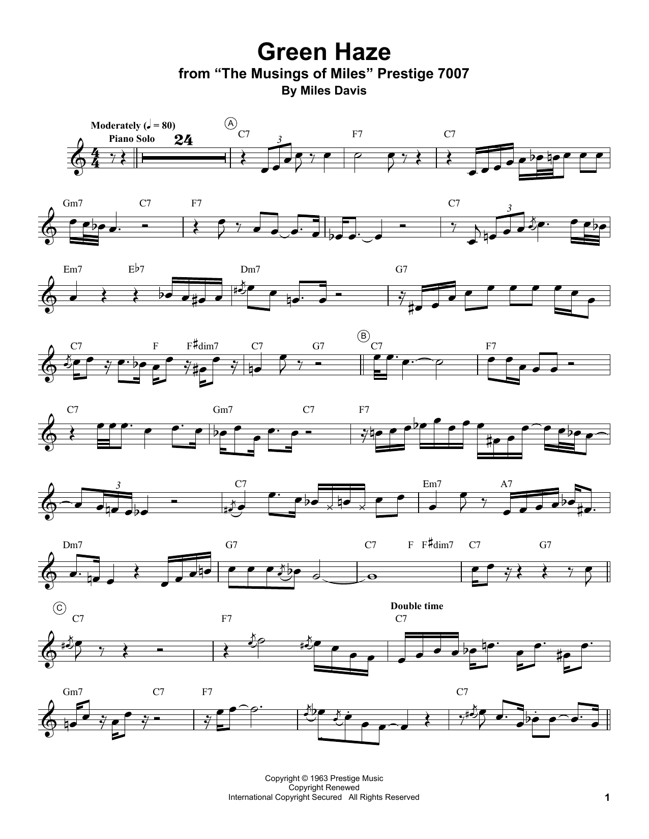 Miles Davis Green Haze sheet music notes and chords. Download Printable PDF.