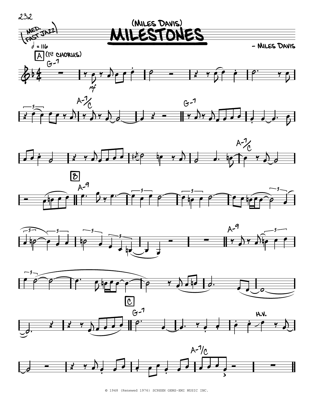 Miles Davis Milestones Solo Only Sheet Music And Chords Printable Real Book Melody Pdf 4623