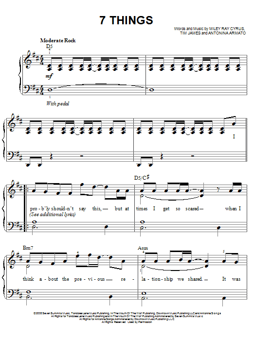 Miley Cyrus 7 Things sheet music notes and chords. Download Printable PDF.