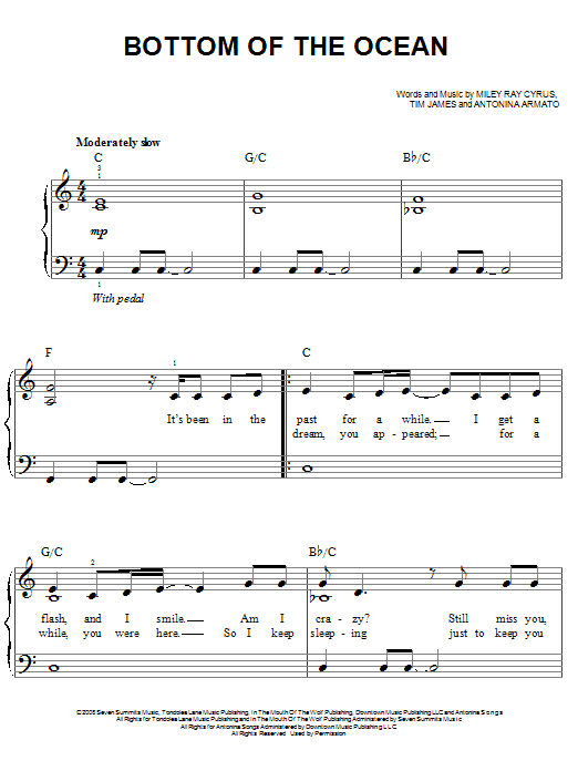 Miley Cyrus Bottom Of The Ocean sheet music notes and chords. Download Printable PDF.