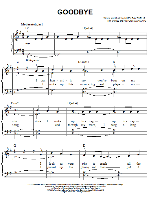 Miley Cyrus Goodbye sheet music notes and chords. Download Printable PDF.