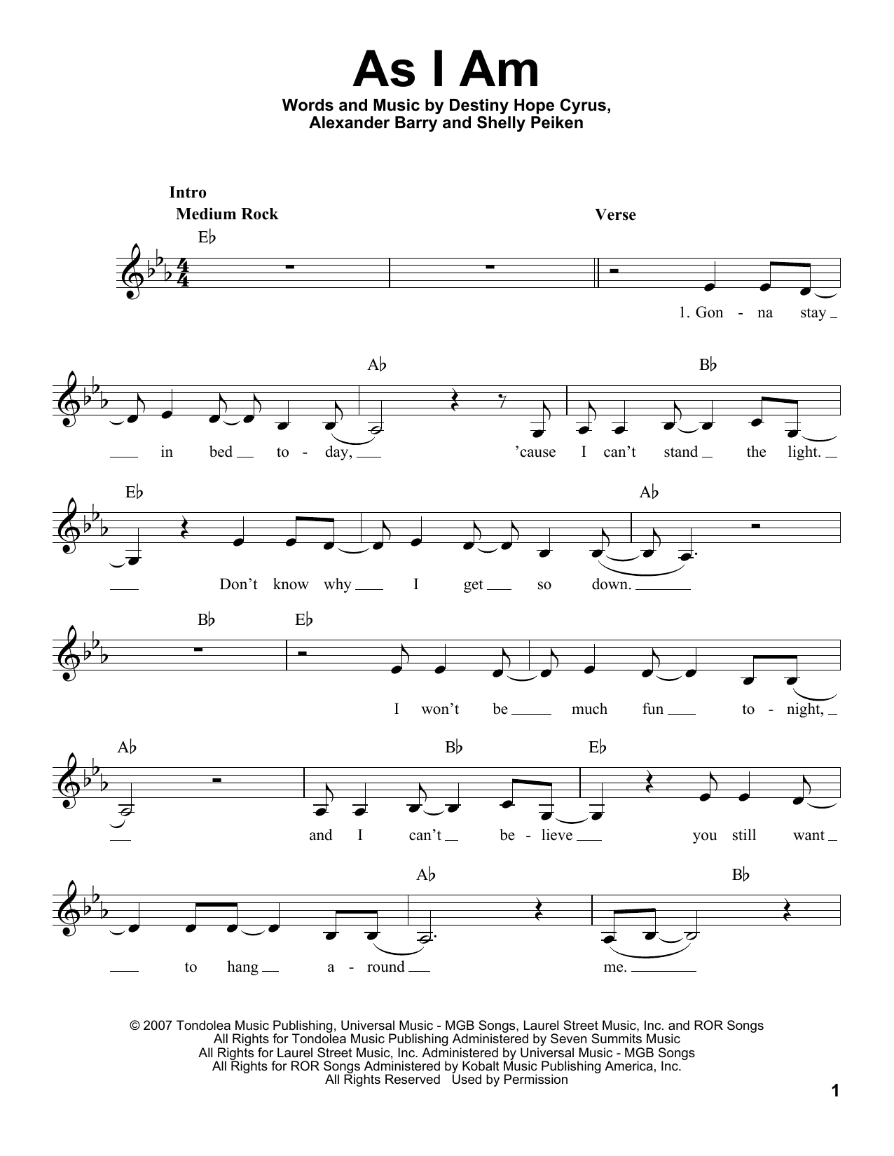 Miley Cyrus As I Am sheet music notes and chords. Download Printable PDF.