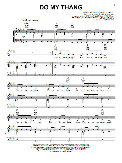 Miley Cyrus Do My Thang sheet music notes and chords. Download Printable PDF.