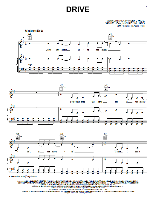 Miley Cyrus Drive sheet music notes and chords. Download Printable PDF.