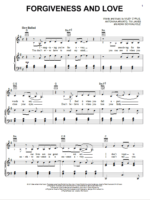 Miley Cyrus Forgiveness And Love Sheet Music Pdf Notes Chords Pop Score Piano Vocal Guitar Right Hand Melody Download Printable Sku 76879