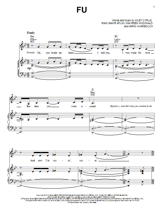 Miley Cyrus FU sheet music notes and chords. Download Printable PDF.