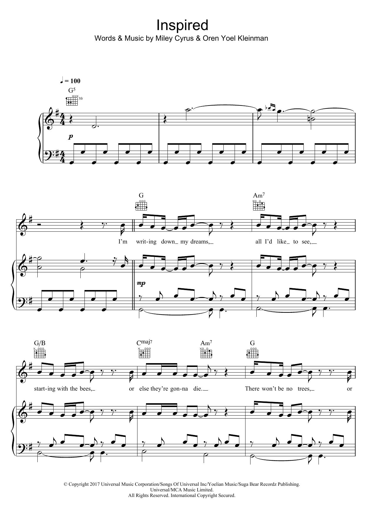 Miley Cyrus Inspired sheet music notes and chords. Download Printable PDF.