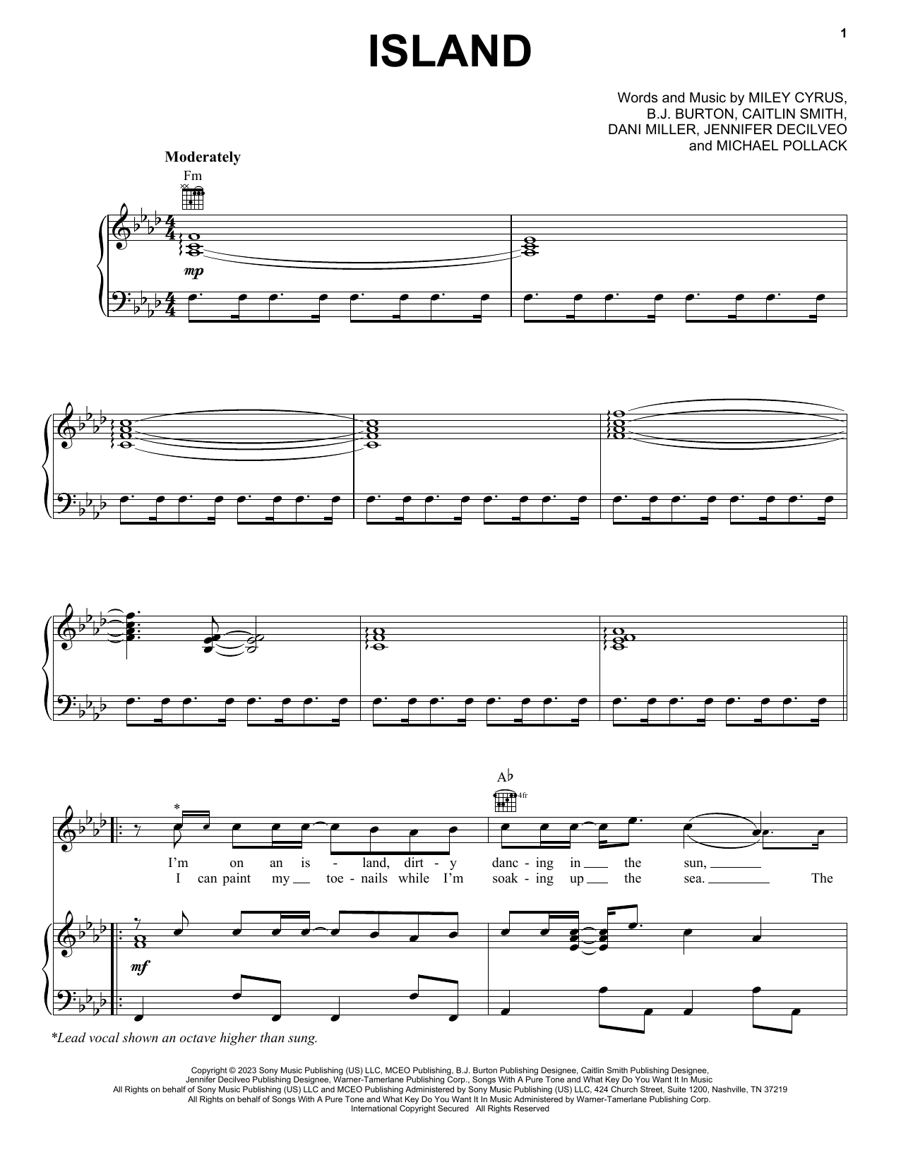 Miley Cyrus Island sheet music notes and chords. Download Printable PDF.