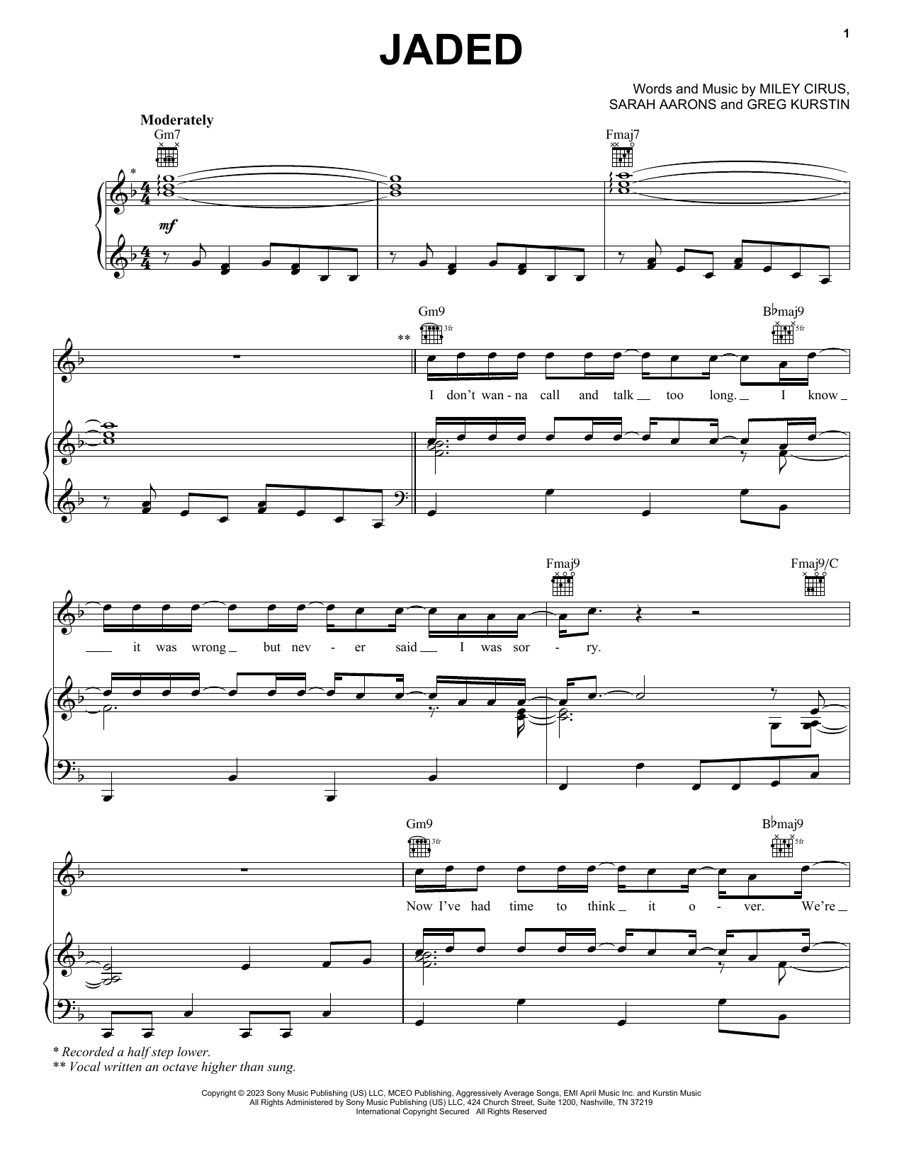 Miley Cyrus Jaded sheet music notes and chords. Download Printable PDF.