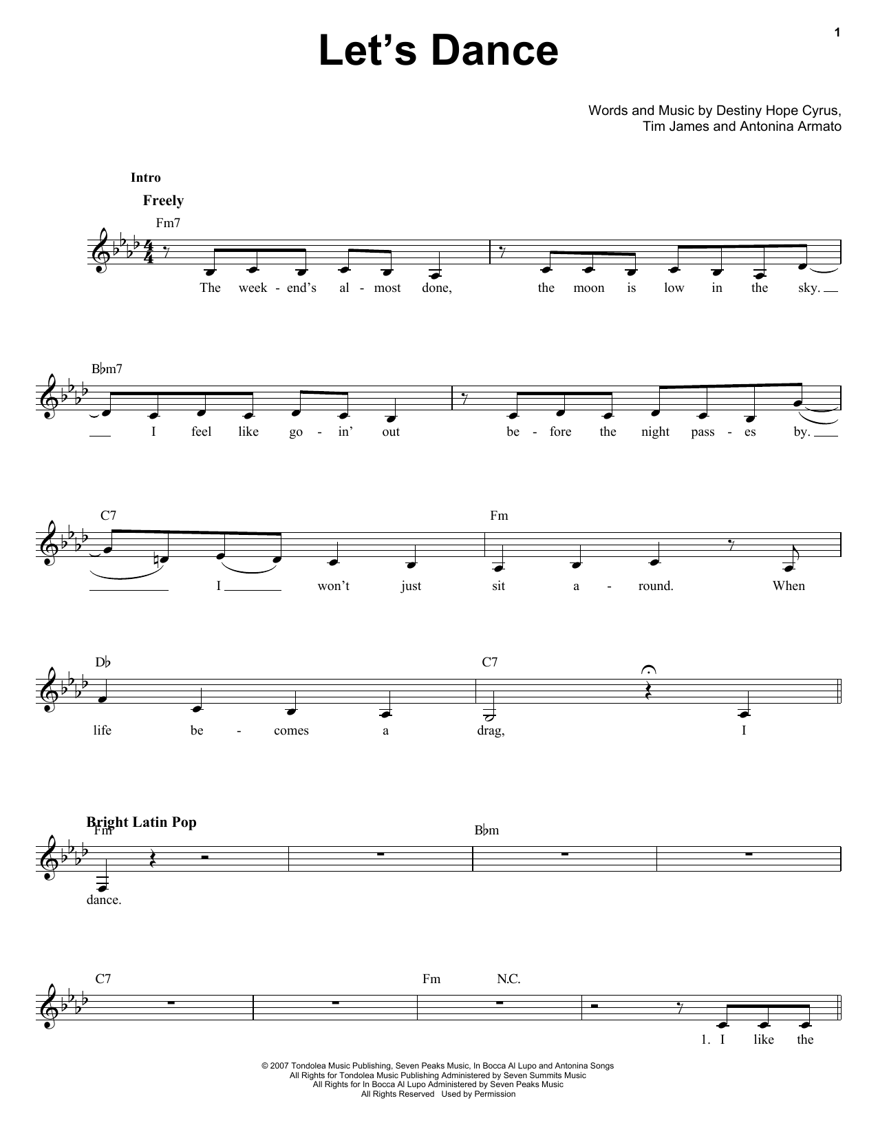 Miley Cyrus Let's Dance sheet music notes and chords. Download Printable PDF.