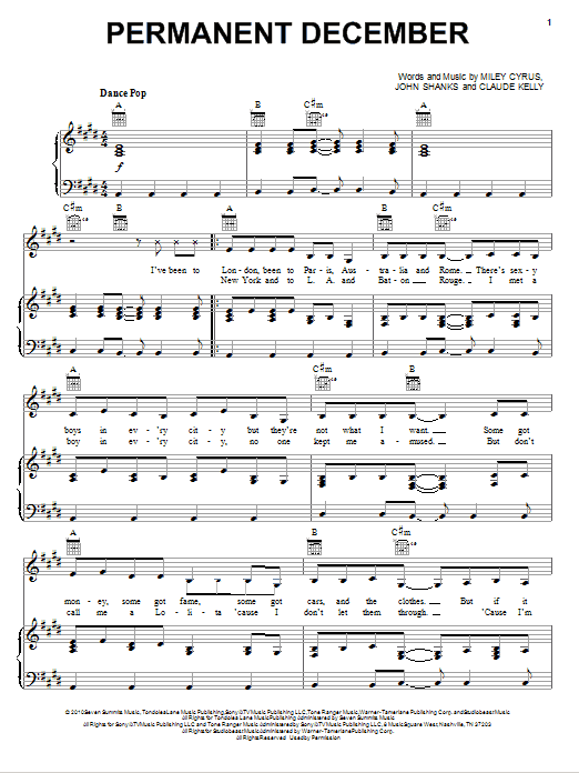 Miley Cyrus Permanent December sheet music notes and chords. Download Printable PDF.