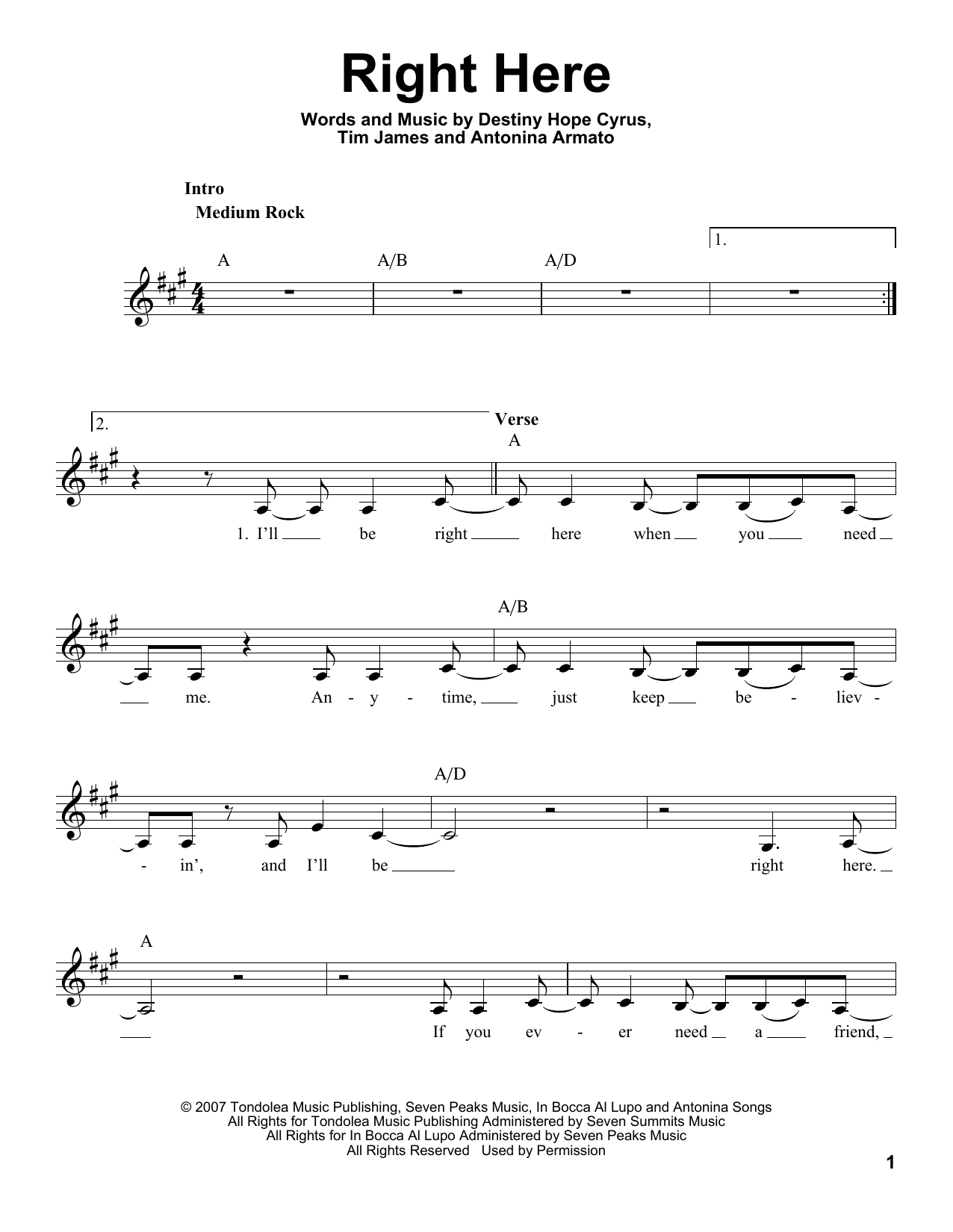 Miley Cyrus Right Here sheet music notes and chords. Download Printable PDF.