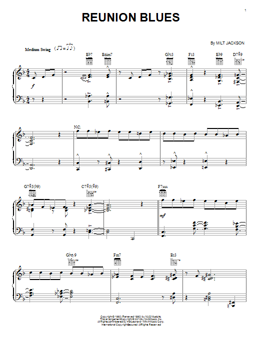 Learn to play Milt Jackson Reunion Blues sheet music for Piano, Vocal & Guitar (Right-Hand Melody) in minutes. Milt Jackson Reunion Blues sheet music notes and chords. Download Printable PDF.