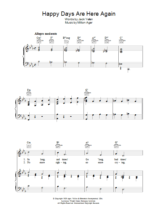 Milton Ager Happy Days Are Here Again Sheet Music Pdf Notes Chords Broadway Score Piano Solo Download Printable Sku 153790