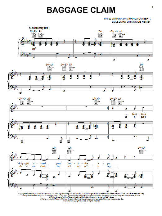 Miranda Lambert Baggage Claim sheet music notes and chords. Download Printable PDF.