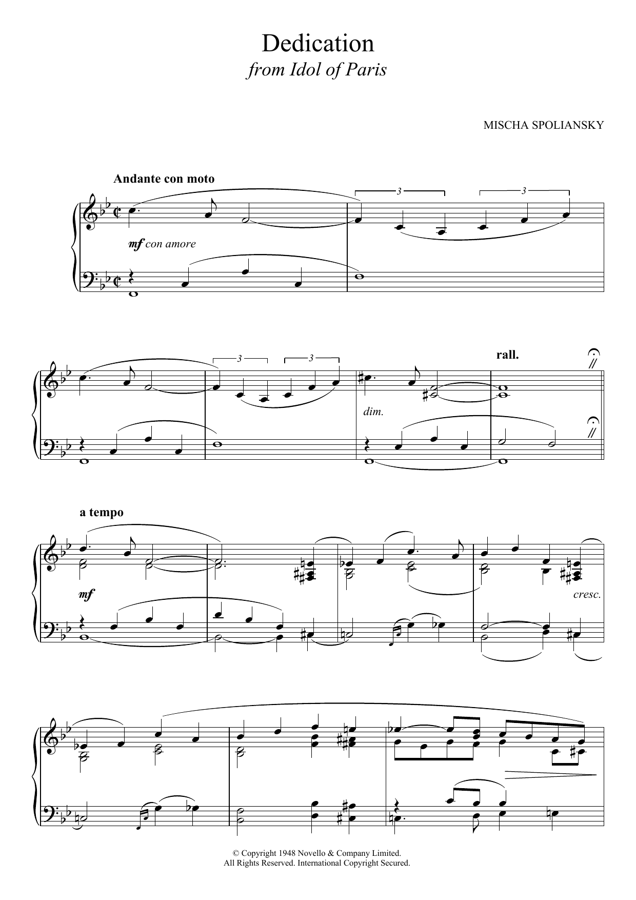 Learn to play Mischa Spoliansky Dedication (from Idol Of Paris) sheet music for Piano Solo in minutes. Mischa Spoliansky Dedication (from Idol Of Paris) sheet music notes and chords. Download Printable PDF.