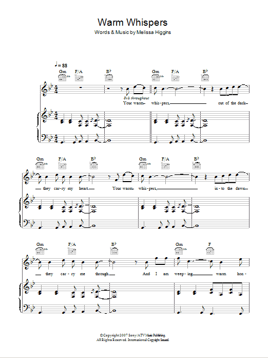 Learn to play Missy Higgins Warm Whispers sheet music for Piano, Vocal & Guitar in minutes. Missy Higgins Warm Whispers sheet music notes and chords. Download Printable PDF.