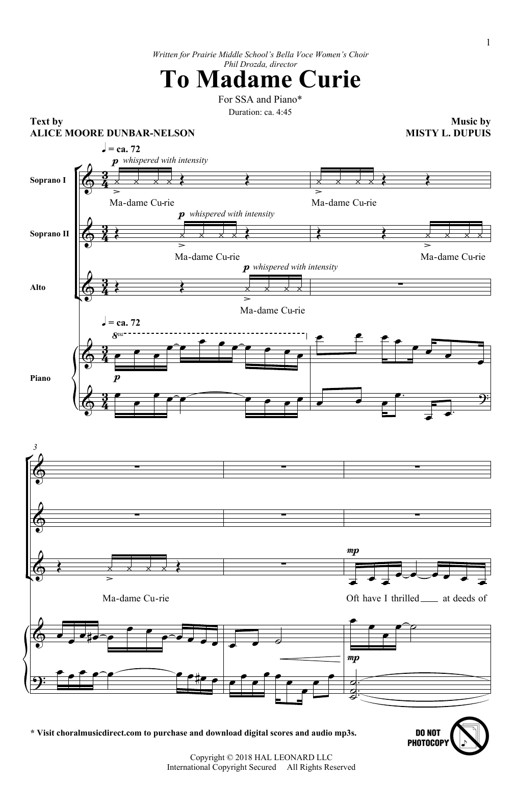 Learn to play Misty L. Dupuis To Madame Curie sheet music for SSA Choir in minutes. Price: 3.9900$ Misty L. Dupuis To Madame Curie sheet music notes and chords arranged for SSA Choir