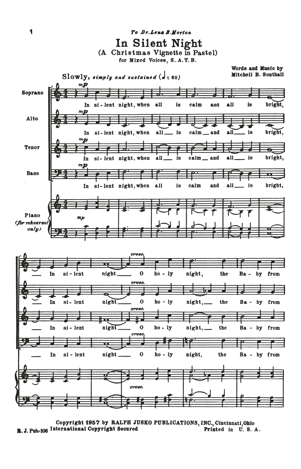 Learn to play Mitchell B. Southall In Silent Night (A Christmas Vignette in Pastel) sheet music for SATB Choir in minutes. Mitchell B. Southall In Silent Night (A Christmas Vignette in Pastel) sheet music notes and chords. Download Printable PDF.
