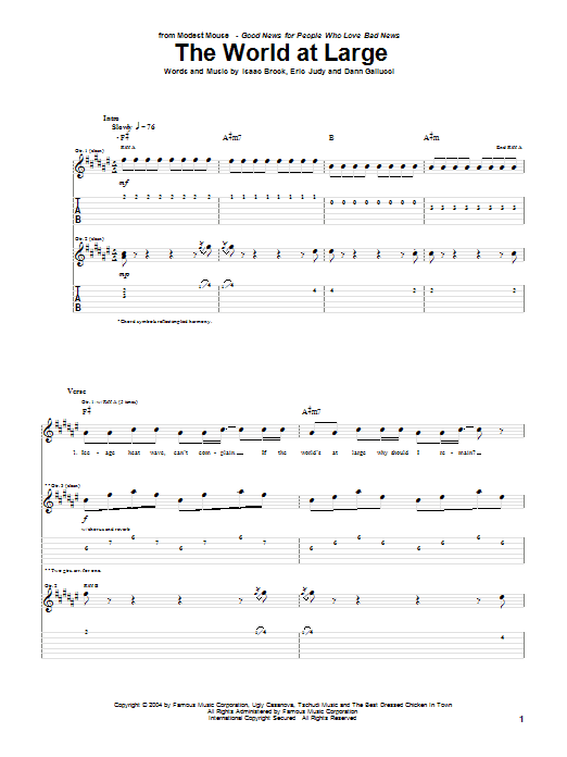 Learn to play Modest Mouse The World At Large sheet music for Guitar Tab in minutes. Modest Mouse The World At Large sheet music notes and chords. Download Printable PDF.