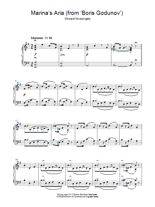 Learn to play Modest Mussorgsky Marina's Aria From 'Boris Godunov' sheet music for Piano Solo in minutes. Modest Mussorgsky Marina's Aria From 'Boris Godunov' sheet music notes and chords. Download Printable PDF.
