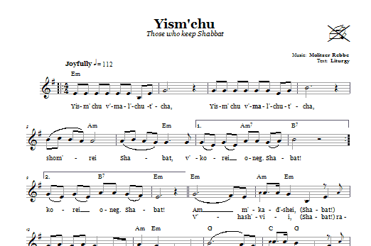 Learn to play Molitzer Rebbe Yism'chu (Those Who Keep The Sabbath) sheet music for Lead Sheet / Fake Book in minutes. Price: 5.9900$ Molitzer Rebbe Yism'chu (Those Who Keep The Sabbath) sheet music notes and chords arranged for Lead Sheet / Fake Book