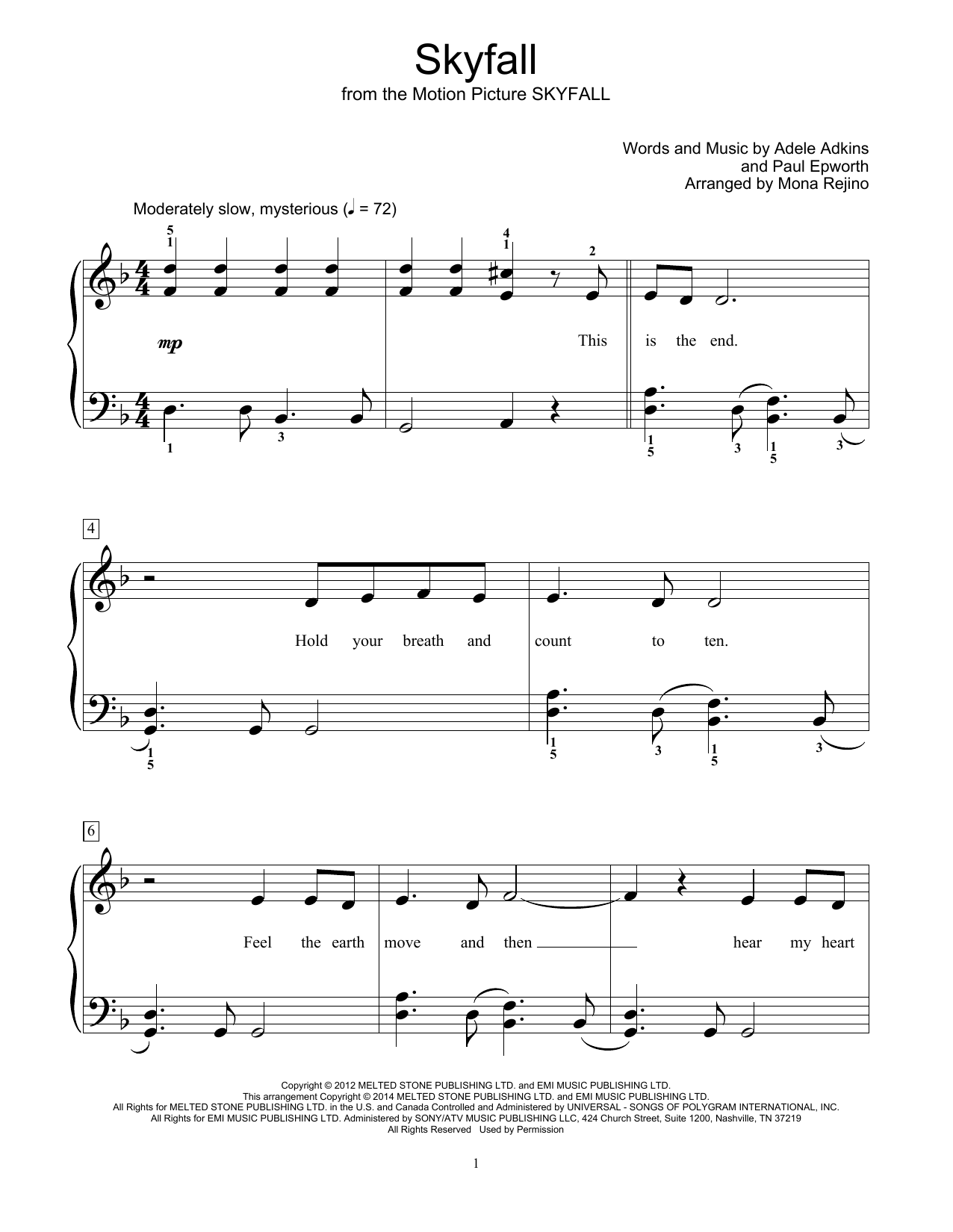 Mona Rejino Skyfall sheet music notes and chords. Download Printable PDF.