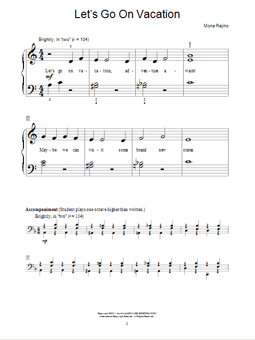 Mona Rejino Let's Go On Vacation sheet music notes and chords arranged for Educational Piano