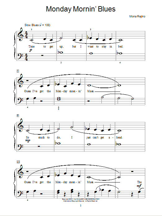 Learn to play Mona Rejino Monday Mornin' Blues sheet music for Educational Piano in minutes. Price: 6.9900$ Mona Rejino Monday Mornin' Blues sheet music notes and chords arranged for Educational Piano