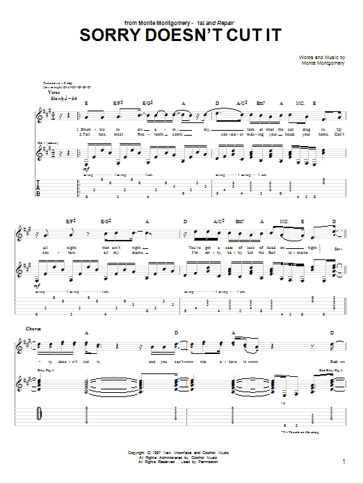 Learn to play Monte Montgomery Sorry Doesn't Cut It sheet music for Guitar Tab in minutes. Price: 7.8900$ Monte Montgomery Sorry Doesn't Cut It sheet music notes and chords arranged for Guitar Tab