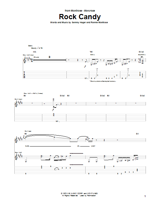 Montrose Rock Candy sheet music notes and chords. Download Printable PDF.